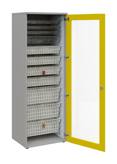 EUROMEDICA S - 66 skříň léková boxová, 1-dveřová/prosklená, pravá, 1950x660x535, korpus šedý, dvířka žlutá odio